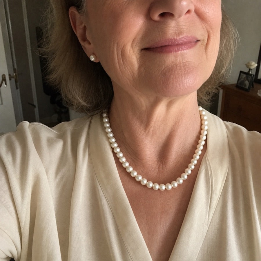 Grace wearing her Alvonie pearls at home
